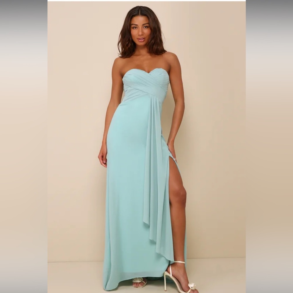NWT Lulus Splendid Aura Sage Green Chiffon Pleated Strapless Maxi Dress